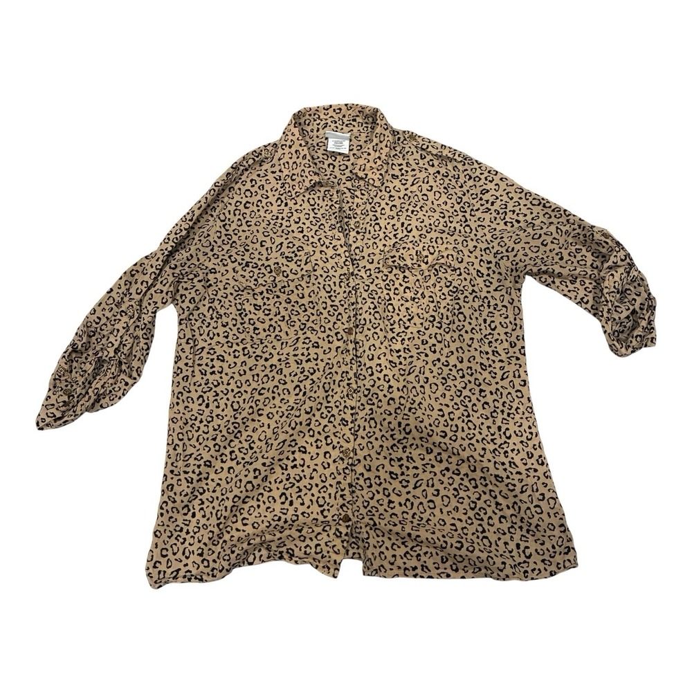 Jaclyn Smith Womens Sz Large Lepard Print Half Button Sleeve Button Up Blouse